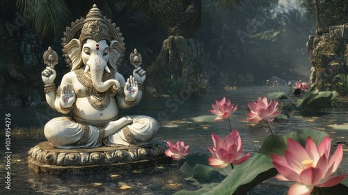 Peaceful white Ganesha statue seated in meditation, surrounded by blossoming lotus flowers in a lush natural environment.