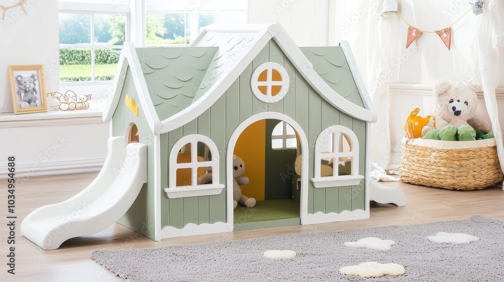 Obraz premium Cozy Wooden Playhouse with Slide in Bright and Cheerful Kids Bedroom