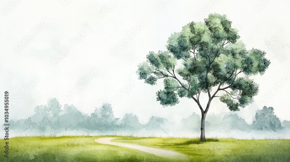 A serene watercolor landscape featuring a solitary tree on a lush green field with a winding path, evoking tranquility and natural beauty. A serene watercolor landscape featuring a solitary tree on a lush green field with a winding path, evoking tranquility and natural beauty.