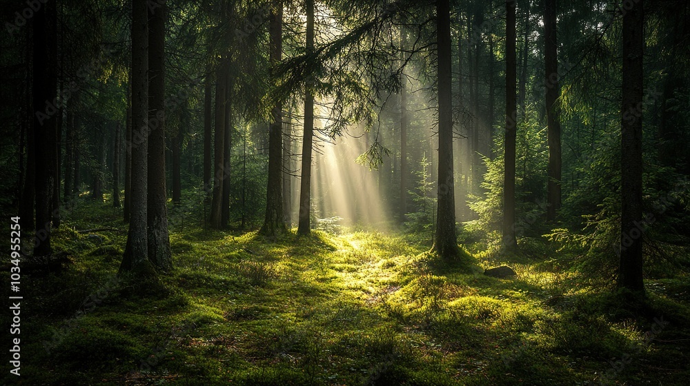 Naklejka premium Serene Forest with Sunlight Rays Through Trees