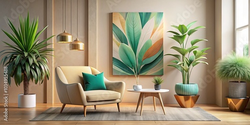 Modern Macro Photography of Beige Plants and Green Artwork with Geometric Chair in Light Orange and Aquamarine Tones, Featuring Rounded Forms and Layered Textures