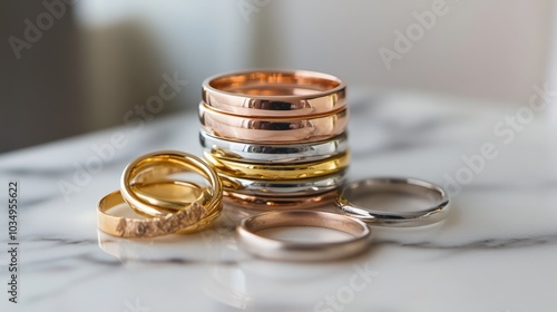 Elegant Stacked Rings on Marble Surface photo