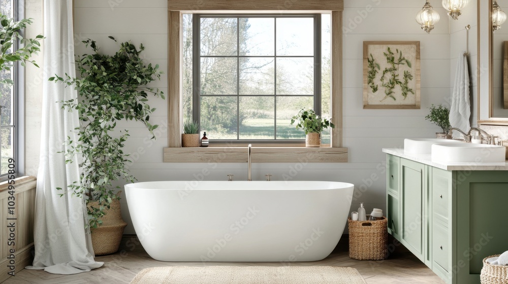 Rustic farmhouse bathroom design with sage green cabinetry, wood vanity, standalone bathtub, and fresh indoor herbs in 3D render Rustic farmhouse bathroom design with sage green cabinetry, wood vanity, standalone bathtub, and fresh indoor herbs in 3D render