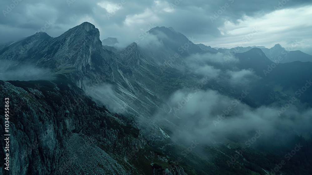Obraz premium Aerial view of mountain peaks covered in mist