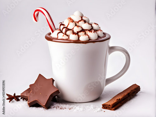 Christmas decorated cup with hot chocolate for holidays. Isolated on white background.