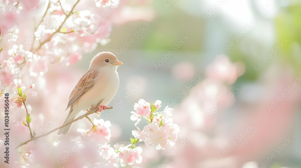 A Tiny Bird Perched on a Branch with Delicate Pink Blossoms in Spring A Tiny Bird Perched on a Branch with Delicate Pink Blossoms in Spring