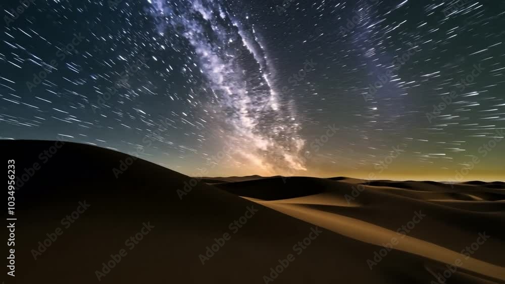 Videography, Vast desert under a starry night sky, the Milky Way clearly visible above undisturbed sand dunes, emphasizing the silence and scale of the desert. 4K Video Videography, Vast desert under a starry night sky, the Milky Way clearly visible above undisturbed sand dunes, emphasizing the silence and scale of the desert. 4K Video