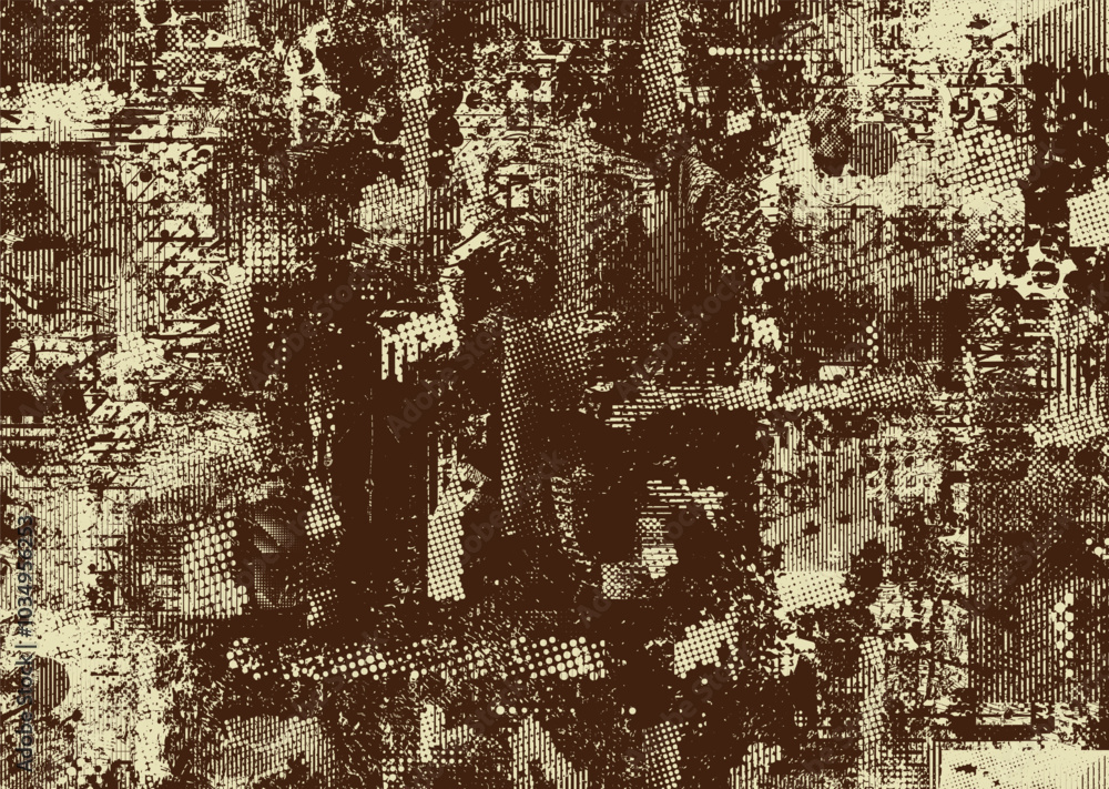 Obraz premium Background with glitch distorted grunge textures . grunge background texture with halftone dots, glitched shapes, textures and lines .Screen print vector background with grunge textured surface.