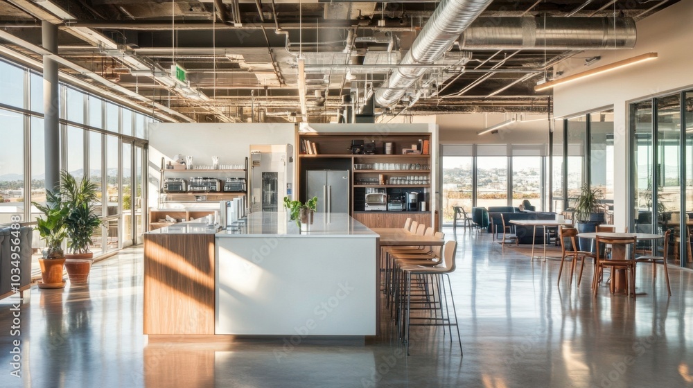 Sleek kitchen appliances and a stylish coffee bar form the heart of this high-tech startup office, offering a comfortable break area for employees. Sleek kitchen appliances and a stylish coffee bar form the heart of this high-tech startup office, offering a comfortable break area for employees.