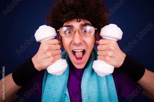 Funny skinny curly guy doing fitness. Retro style.