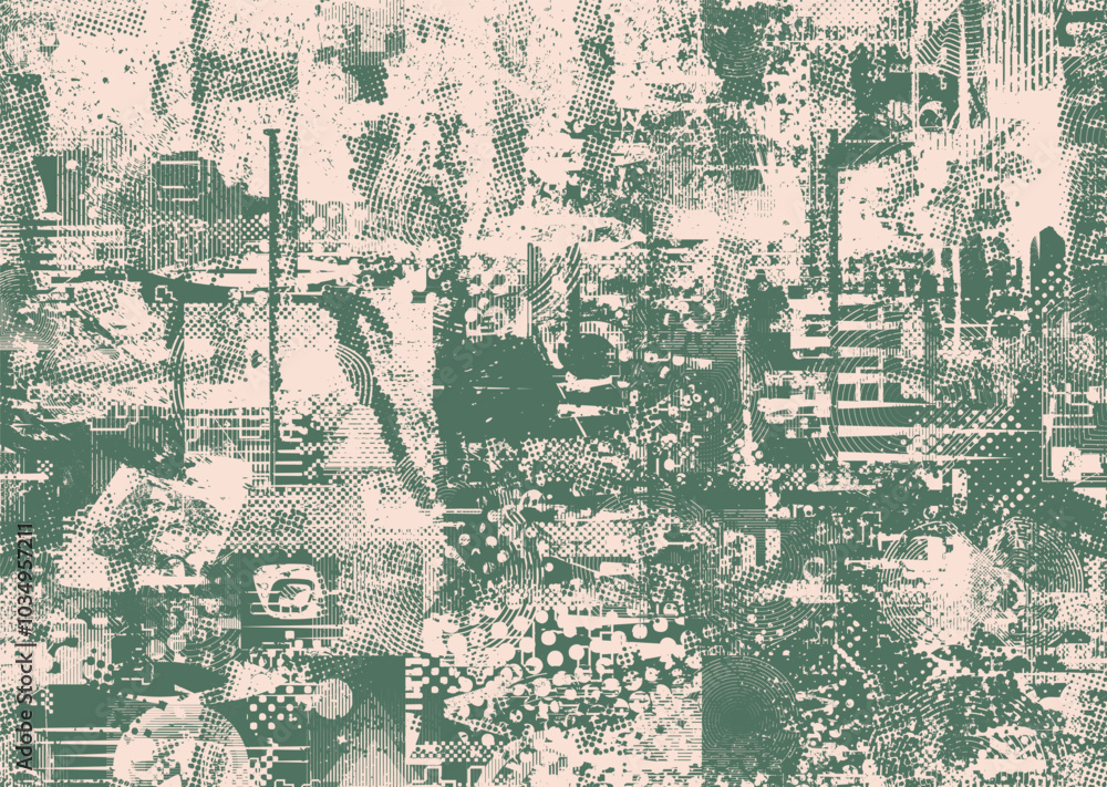 Fototapeta premium Background with glitch distorted grunge textures . grunge background texture with halftone dots, glitched shapes, textures and lines .Screen print vector background with grunge textured surface.
