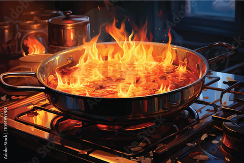 New modern barbecue grill with burning firewood on dark background