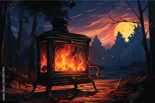 New modern barbecue grill with burning firewood on dark background