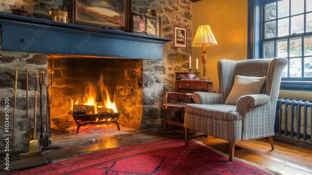 Softly lit room with a roaring fireplace, comfortable armchair, and cozy atmosphere perfect for unwinding by the fire. Softly lit room with a roaring fireplace, comfortable armchair, and cozy atmosphere perfect for unwinding by the fire.