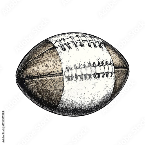 Ball, American Football. Generative AI.  A sports ball for playing American football. Sketch, engraving. Retro. The ball is on a white background. AI illustration.