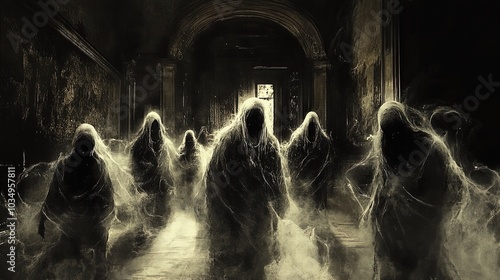 The image features a dark, atmospheric scene within a dilapidated building or hallway. Shadows loom large, and ghostly figures are scattered throughout the space, appearing as ethereal specters envelo photo