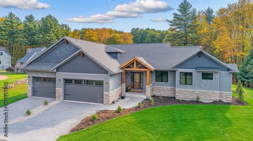 Striking new home with light gray siding, natural stone cladding, and a single car garage, featuring an innovative layout. -