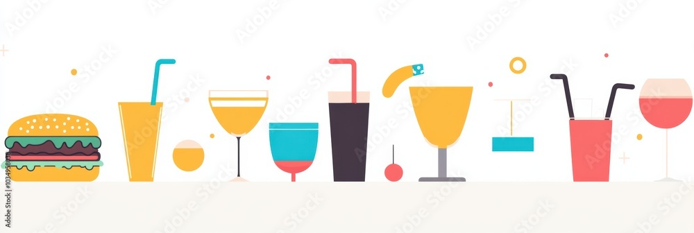 A variety of drinks and burgers are artistically displayed on a simple background, highlighting a cheerful and inviting dining experience. Generative AI A variety of drinks and burgers are artistically displayed on a simple background, highlighting a cheerful and inviting dining experience. Generative AI