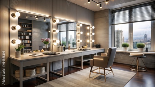 Professional Makeup Artist Selecting Brushes in Modern Beauty Studio - Unrecognizable Female Visagiste at Work in Contemporary Makeup Room with Array of Applicators on Table photo