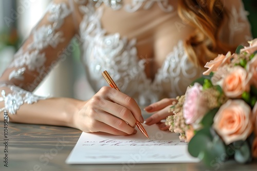 Elegant Bride Writing a Note with a Beautiful Bouquet Nearby