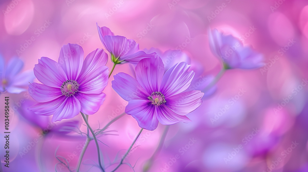 Obraz premium Purple Cosmos Flowers in Full Bloom with Soft Pink Bokeh..