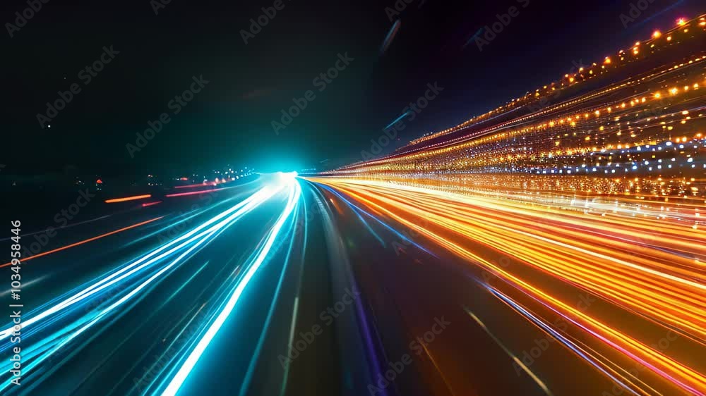 This long exposure Video captures a highway at night, showing streaks of light from passing cars against a dark backdrop, High-speed internet represented by streaks of light This long exposure Video captures a highway at night, showing streaks of light from passing cars against a dark backdrop, High-speed internet represented by streaks of light
