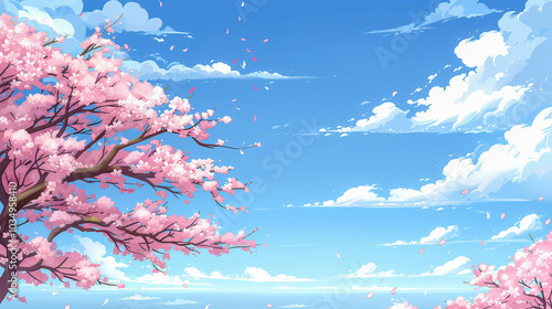 Cherry Blossom Branches Against a Clear Blue Sky with Clouds..