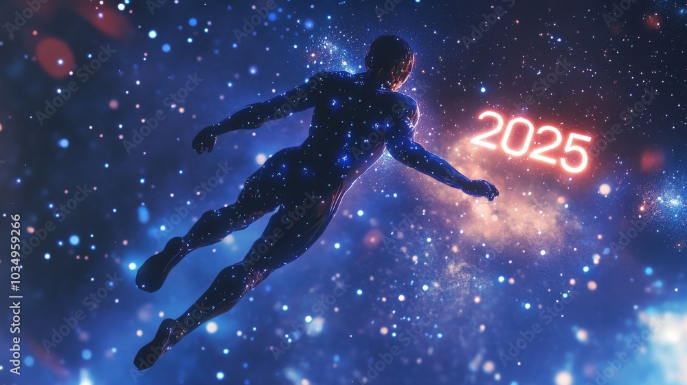 A figure mid-jump towards 2025 on a snow-capped mountain peak, with the sky clear and bright A figure mid-jump towards 2025 on a snow-capped mountain peak, with the sky clear and bright