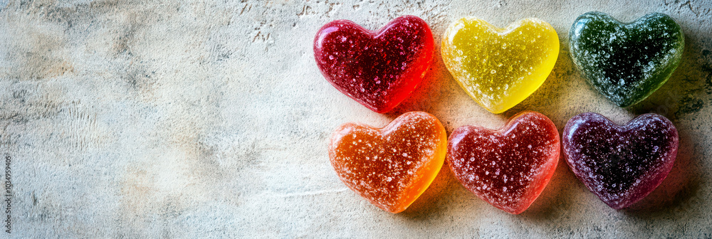 Multicolored jelly candies in the shape of hearts on a white background. Happy Valentine's day. Horizontal banner. Copy space Multicolored jelly candies in the shape of hearts on a white background. Happy Valentine's day. Horizontal banner. Copy space