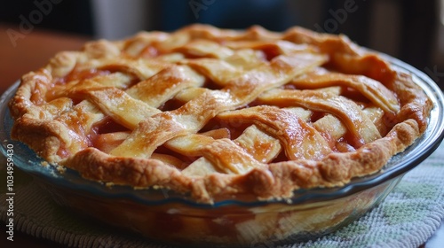 Golden brown apple pie with a flaky crust cooling on the counter