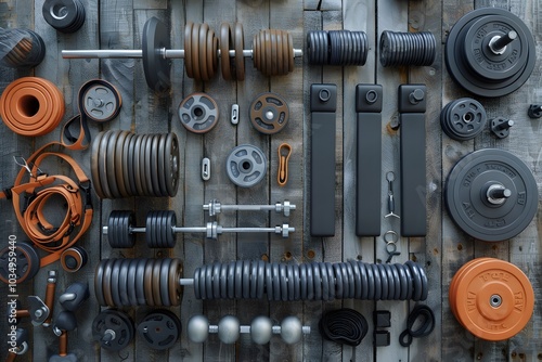 A Comprehensive Collection of Weightlifting Equipment on a Rustic Wooden Background