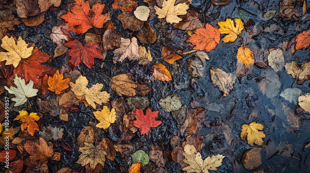 A dense carpet of autumn leaves covers the ground, showcasing a vibrant mix of colors including deep reds, bright yellows, and various shades of brown. The leaves are partially submerged in a shallow A dense carpet of autumn leaves covers the ground, showcasing a vibrant mix of colors including deep reds, bright yellows, and various shades of brown. The leaves are partially submerged in a shallow