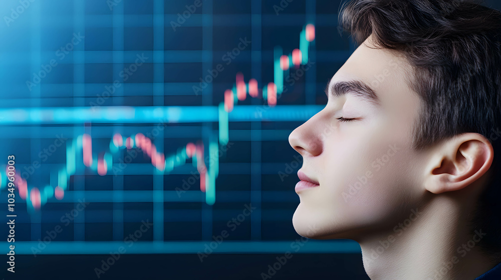 Emotional management and mindset control in doing business and investing concept. A person with their eyes closed, focusing inside their mind, stock market chart background. Emotional management and mindset control in doing business and investing concept. A person with their eyes closed, focusing inside their mind, stock market chart background.