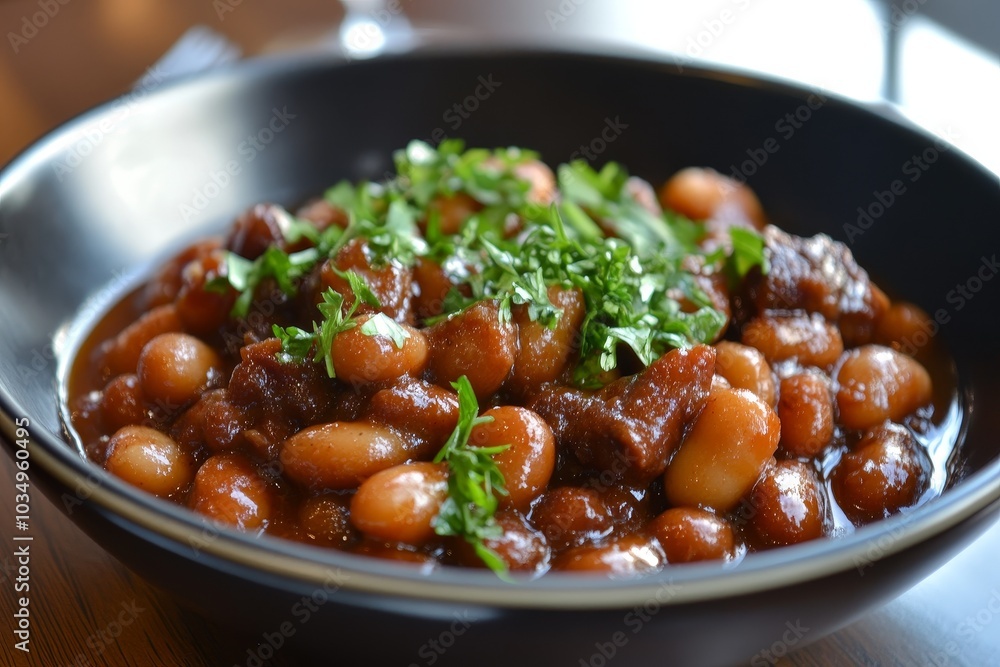 Delicious bowl of Boston Baked Beans garnished with fresh herbs Delicious bowl of Boston Baked Beans garnished with fresh herbs