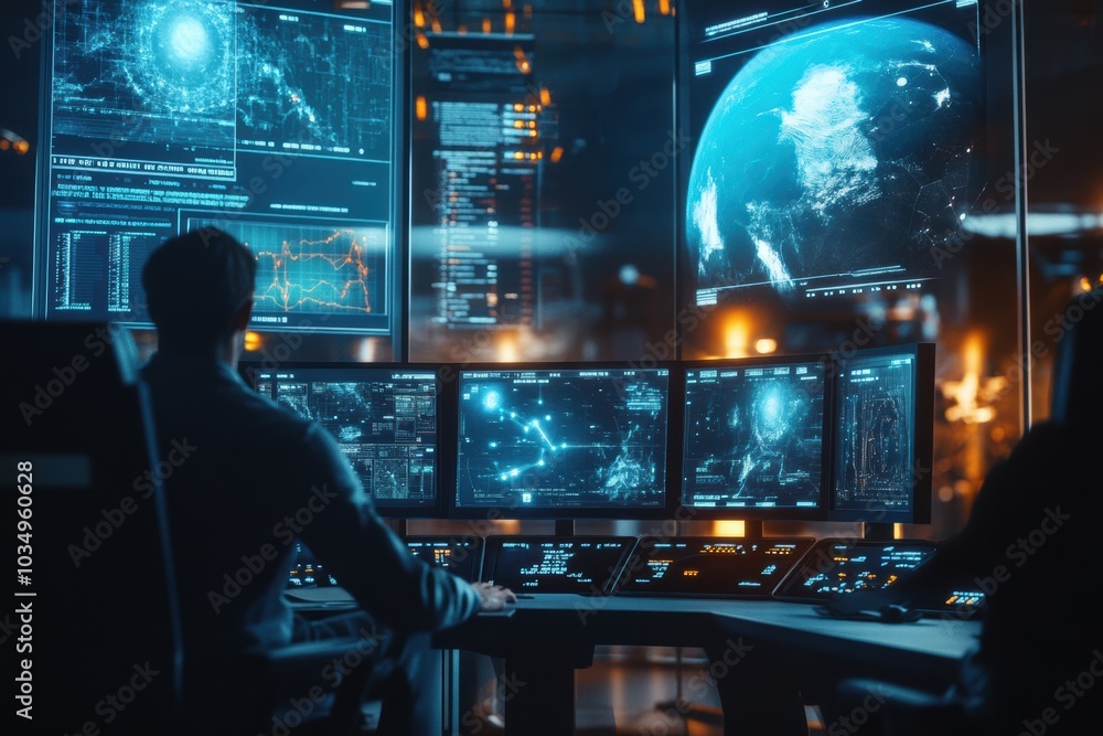 A space mission control room filled with scientists and engineers monitoring an astronaut's journey to the moon A space mission control room filled with scientists and engineers monitoring an astronaut's journey to the moon