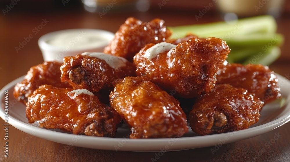 Delicious buffalo wings served with celery and dipping sauce Delicious buffalo wings served with celery and dipping sauce