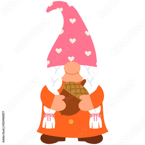 cute autumn gnome girl is holding acorn illustration
