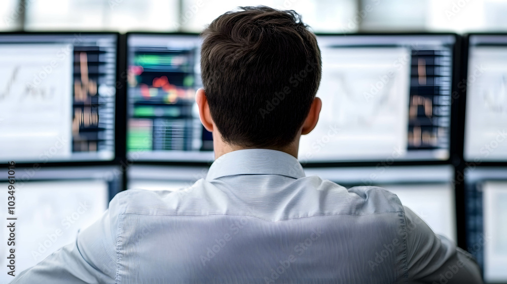 a professional investor or fund manager planning and strategizing for investing in financial products. A focused investor sitting in a office, analyzing financial graphs on a large screen. a professional investor or fund manager planning and strategizing for investing in financial products. A focused investor sitting in a office, analyzing financial graphs on a large screen.