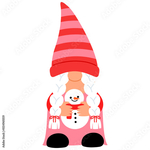 cute gnome girl in red costume is holding tiny snowman illustration