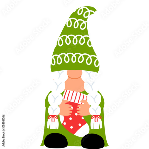 cute gnome girl in green costume is holding red christmas sock illustration