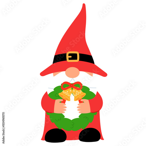 cute gnome in red costume is holding christmas wreath illustration