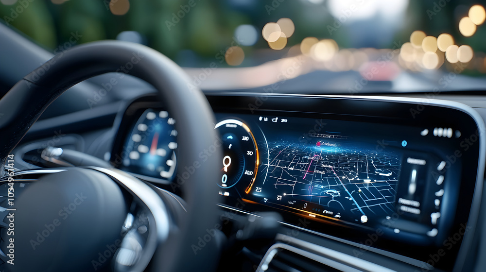 Sleek Futuristic Car Dashboard with Glowing GPS Map and Real Time Navigation Cutting edge vehicle design featuring advanced digital infotainment system and modern user interface Sleek Futuristic Car Dashboard with Glowing GPS Map and Real Time Navigation Cutting edge vehicle design featuring advanced digital infotainment system and modern user interface