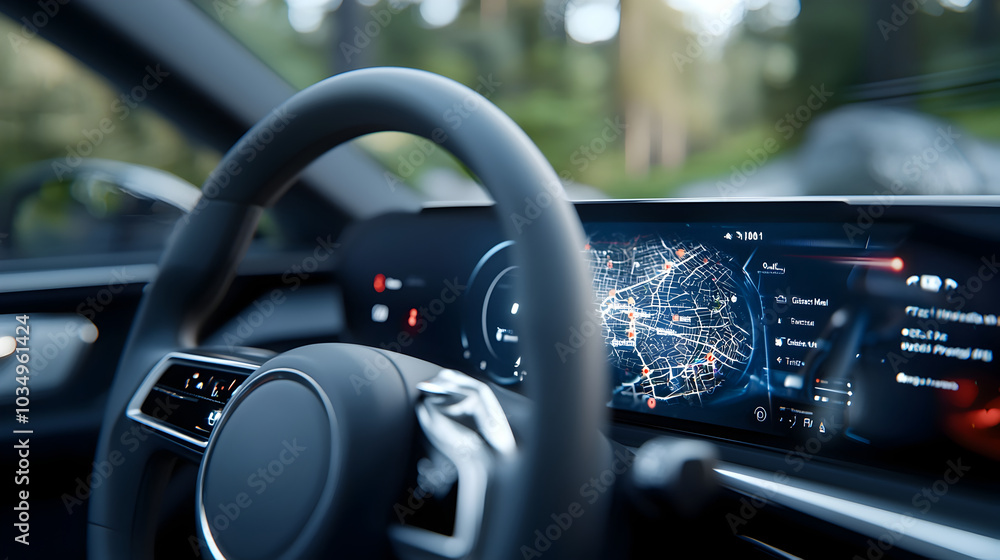 Futuristic Car Dashboard with Glowing GPS Map and Sleek Vehicle Design ...