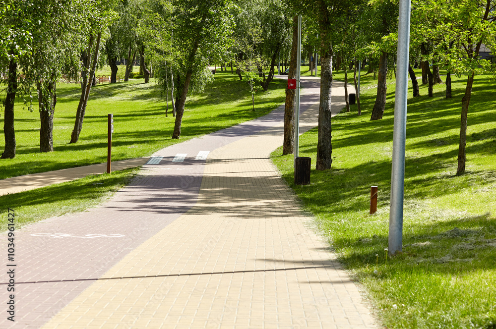 Walkway surrounded by trees and lawns in Kyiv, Europe. Recreation place in the city park Walkway surrounded by trees and lawns in Kyiv, Europe. Recreation place in the city park