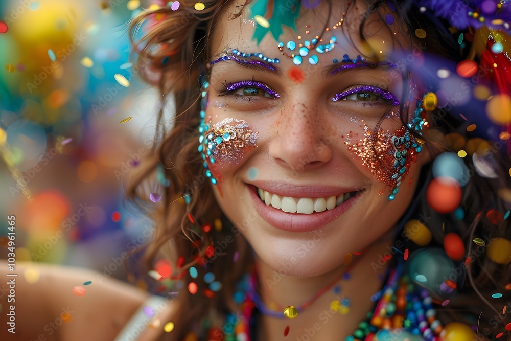 Joyful Celebration: A Smiling Woman Drenched in Colorful Confetti and Glitter Joyful Celebration: A Smiling Woman Drenched in Colorful Confetti and Glitter
