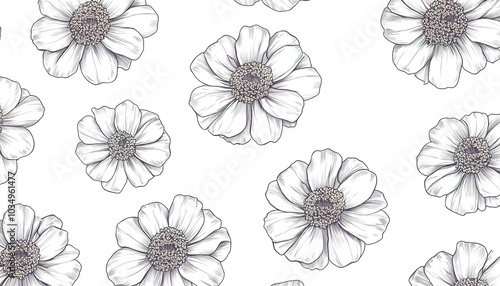 Black and White Floral Sketch Seamless Pattern