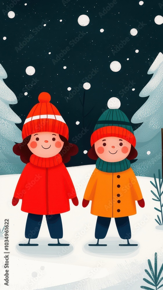 Two cheerful children in winter attire smile against a snowy backdrop, enjoying a playful day in a winter wonderland. Two cheerful children in winter attire smile against a snowy backdrop, enjoying a playful day in a winter wonderland.