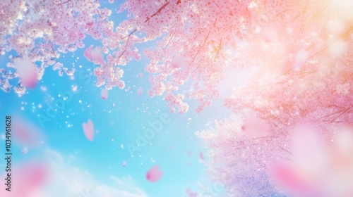 sakura trees in full bloom, their pink petals a gauzy veil against cerulean sky foreground blossoms in sharp focus, background a dreamy blur of pastels sunlight filters through branches, casting