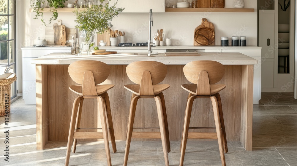 Wooden bar stools and soft oceanic tones in a coastal-inspired kitchen, blending natural textures with modern design elements. Wooden bar stools and soft oceanic tones in a coastal-inspired kitchen, blending natural textures with modern design elements.