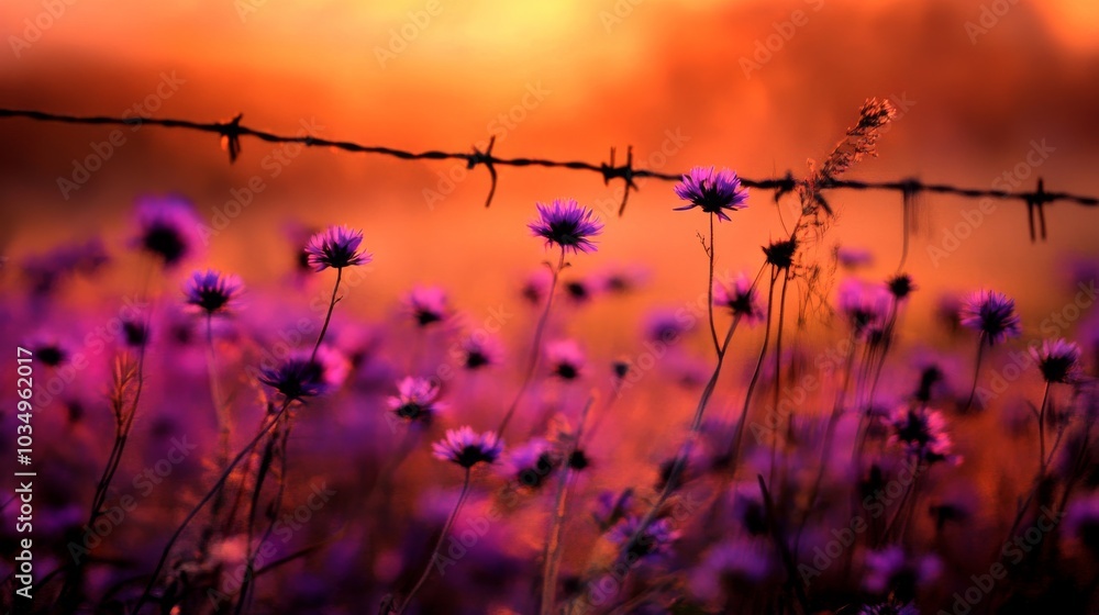 Obraz premium purple wildflowers bathe in sunset's amber glow, their silhouettes elongated across rustic paddock soft focus creates ethereal atmosphere, petals seemingly aflame distant fence line grounds